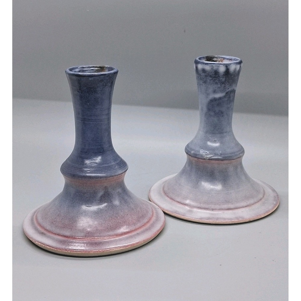 Pair Studio Art Pottery 2 Tone Glaze Candlesticks Candle Holder Signed Kaufmann